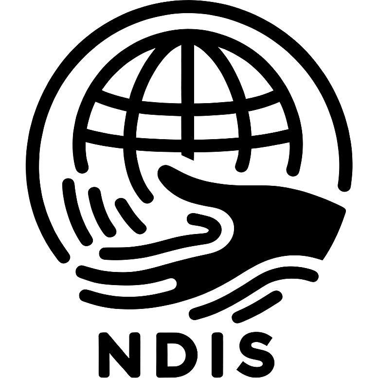 Logo of the NDIS featuring a globe and a hand symbolizing support and connection.
